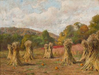 JONAS JOSEPH LAVALLEY Autumn Landscape, Field with Haystacks and Pumpkins.